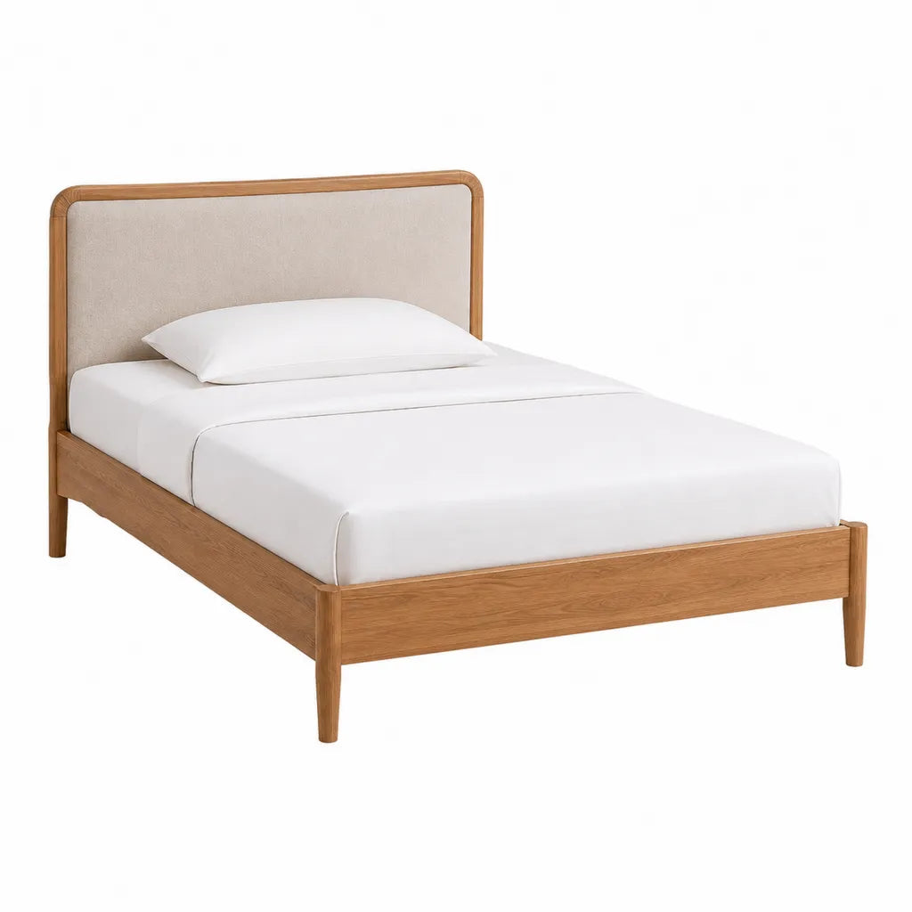 Letto matrimoniale 160 x 200 cm in legno massello di rovere con testiera imbottita beige