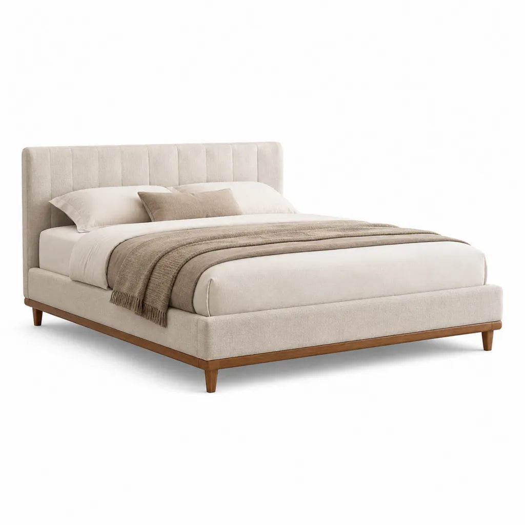 Letto matrimoniale imbottito 160 x 200 cm in poliestere beige con struttura in legno massello