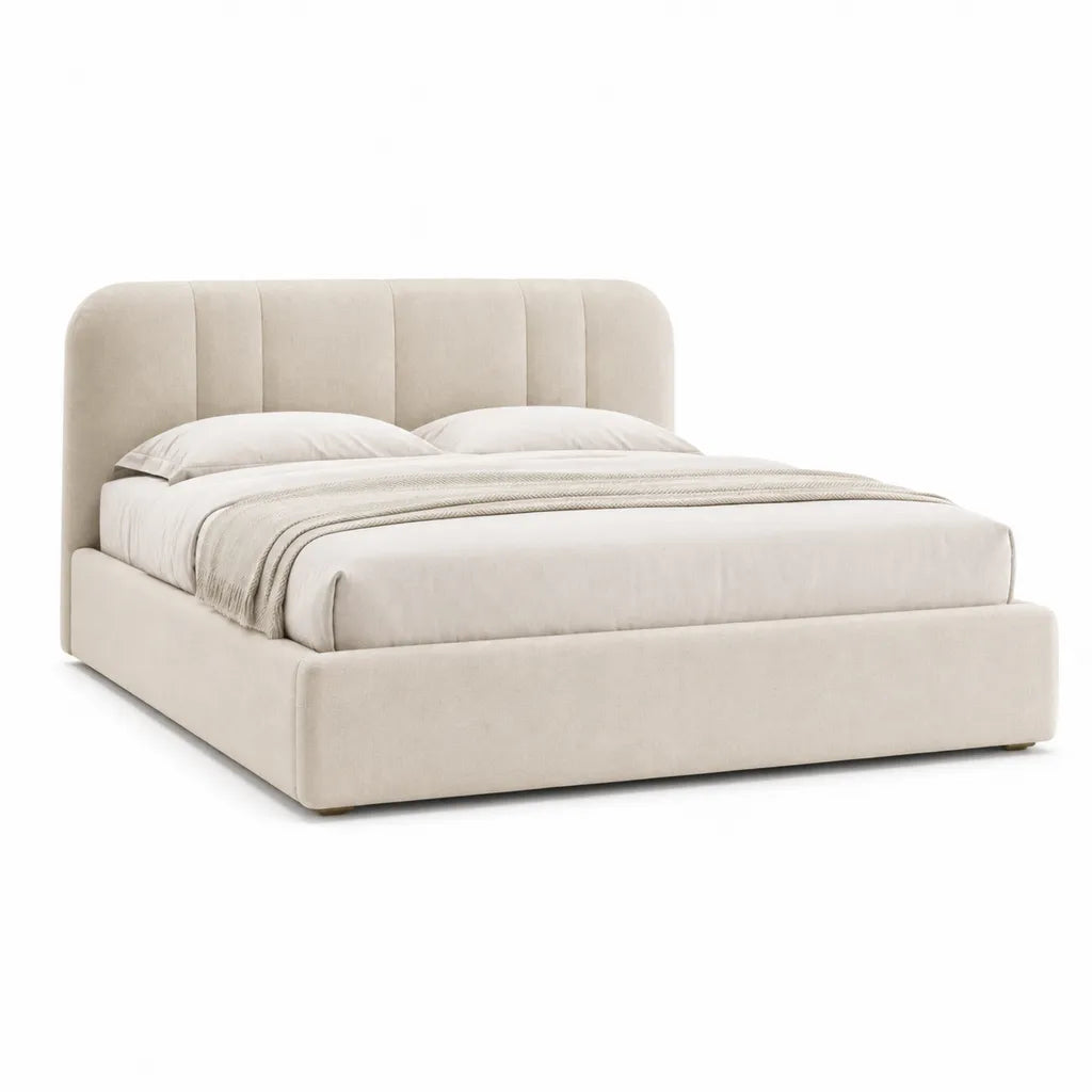 Letto matrimoniale imbottito 160 x 200 cm in poliestere beige con testiera arrotondata