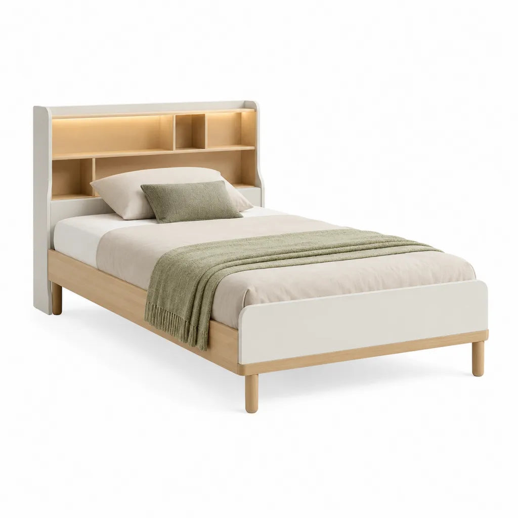 Letto matrimoniale 140 x 200 cm con testiera libreria LED in MDF bianco e rovere naturale