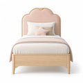 Letto singolo per bambini 90 x 200 cm in legno massello rosa con testiera imbottita sagomata