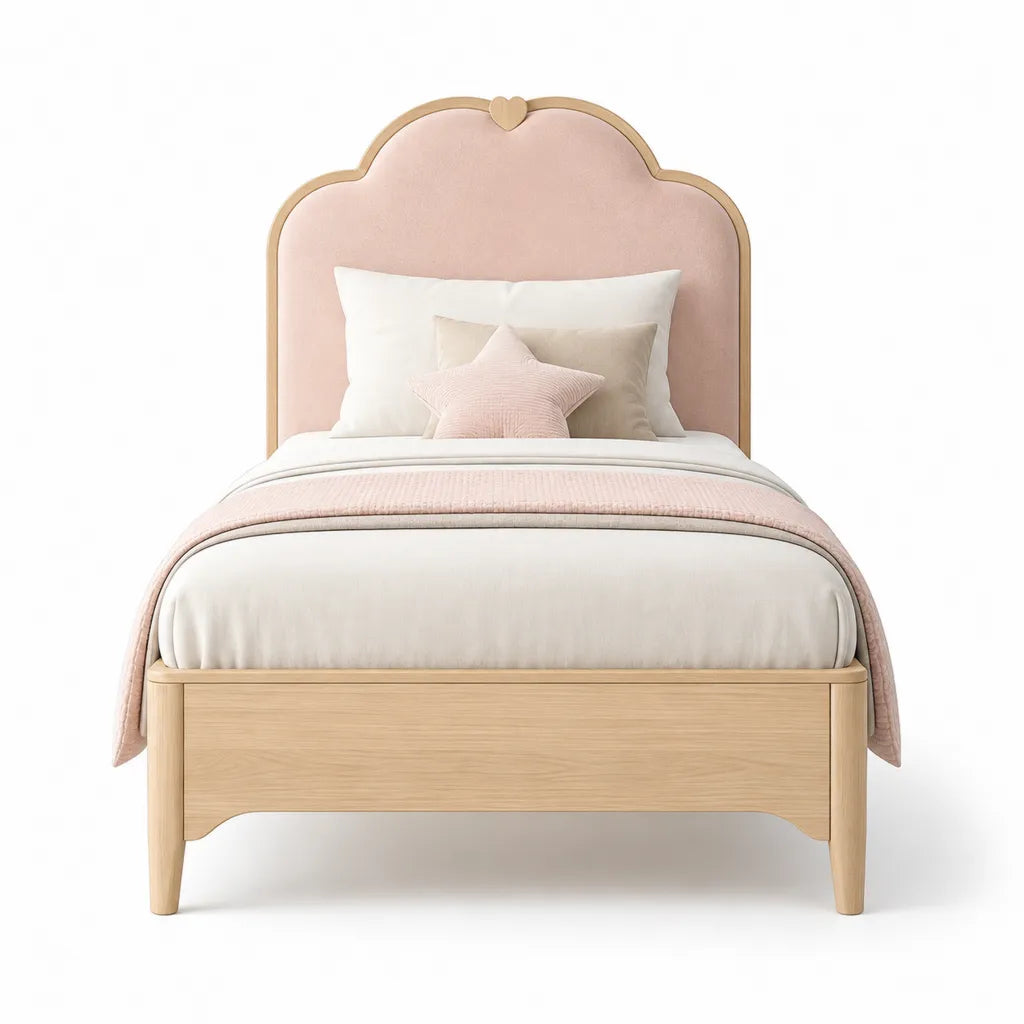 Letto singolo per bambini 90 x 200 cm in legno massello rosa con testiera imbottita sagomata