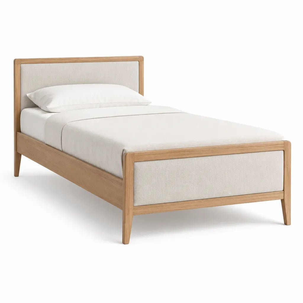Letto singolo rettangolare 90 x 200 cm in rovere massello e poliestere beige