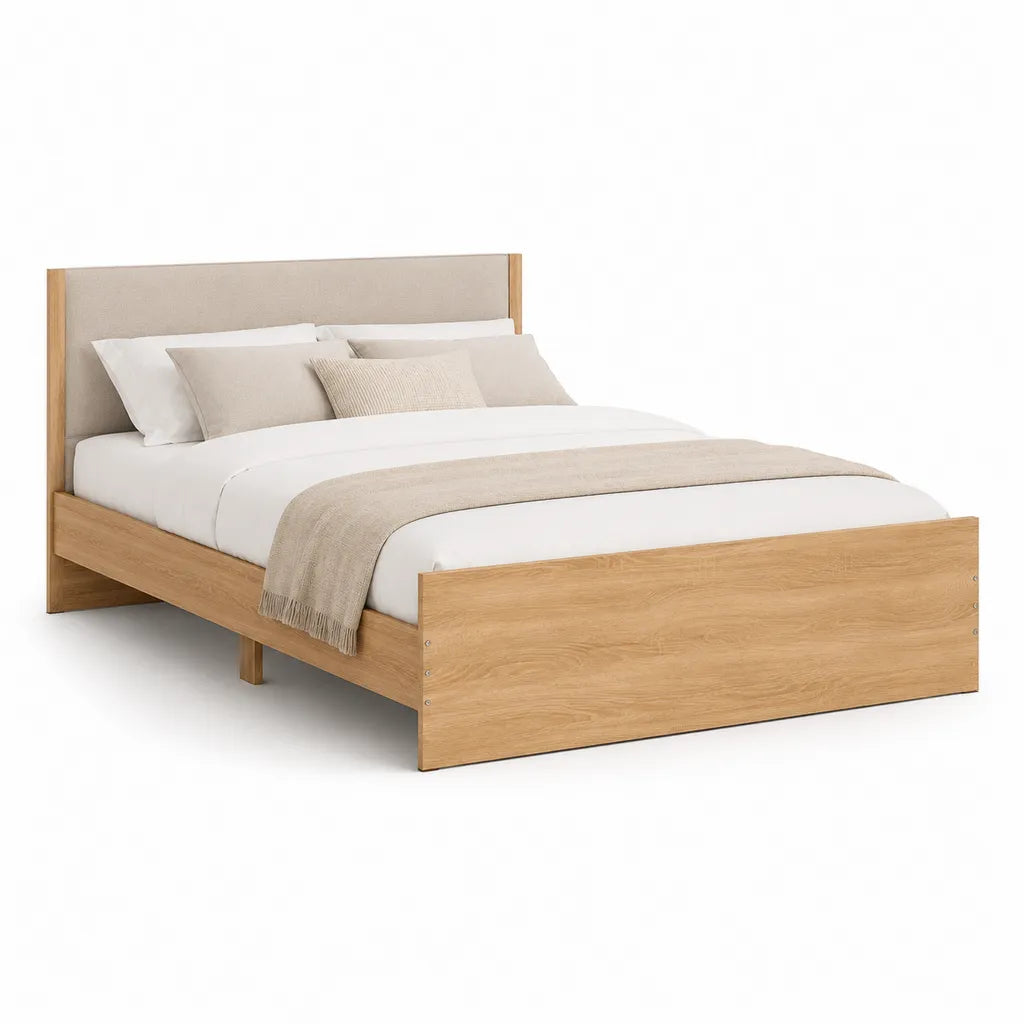 Letto matrimoniale 160 x 200 cm con testiera imbottita in poliestere struttura in MDF impiallacciato rovere naturale