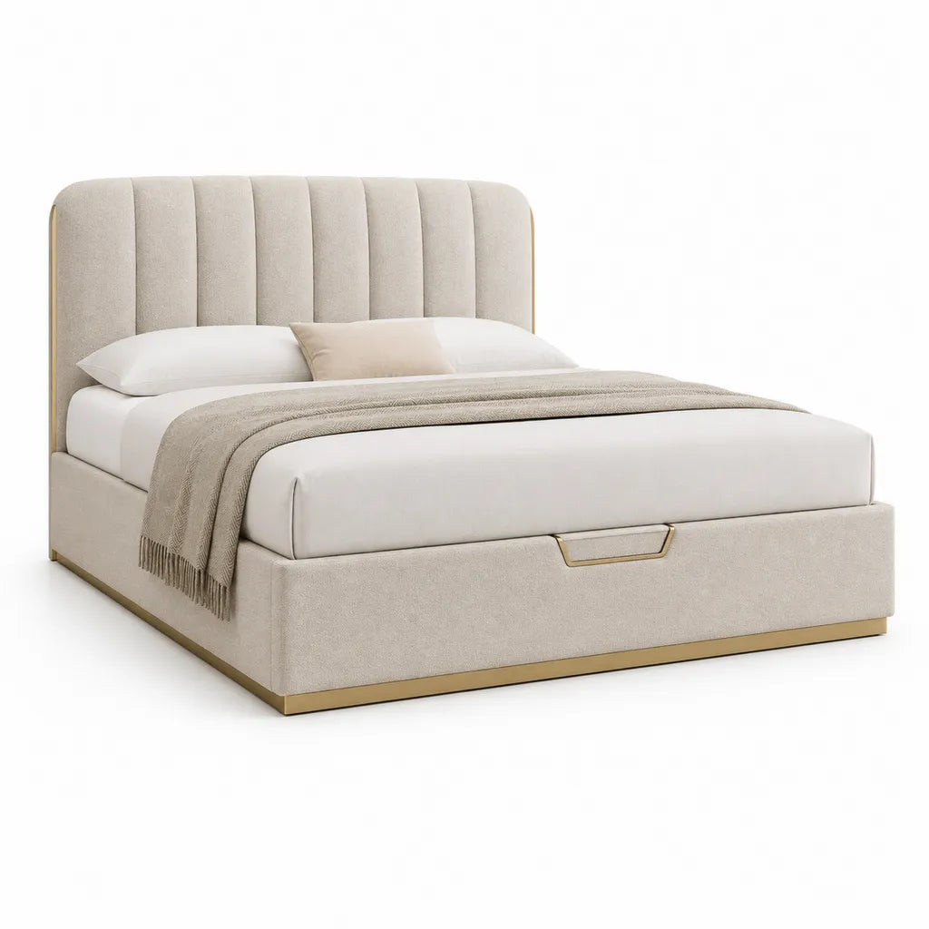 Letto contenitore matrimoniale 160 x 200 cm in poliestere beige con testiera imbottita