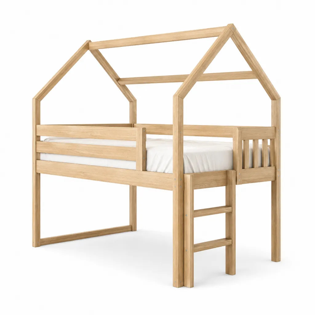 Letto a soppalco per bambini a casetta in legno massello di pino naturale 90 x 200 cm