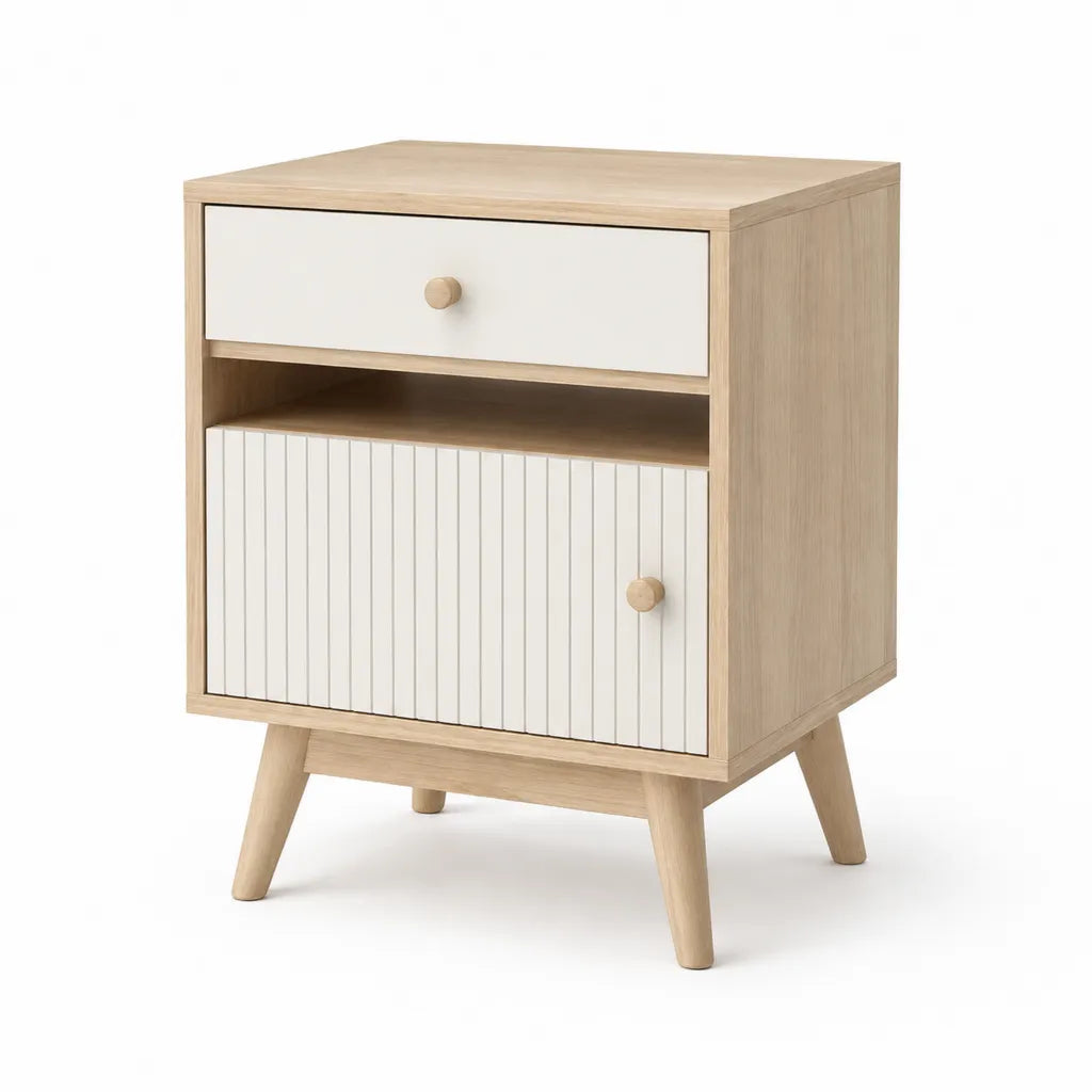 Comodino con cassetto anta e vano aperto 45 x 35 x 60 cm in pannello truciolare melaminico rovere chiaro e bianco rettangolare