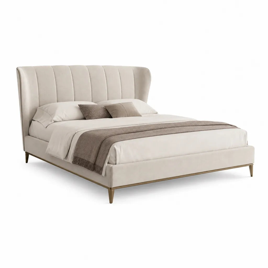 Letto matrimoniale imbottito 180 x 200 cm in velluto di poliestere beige con testiera curva e piedi dorati