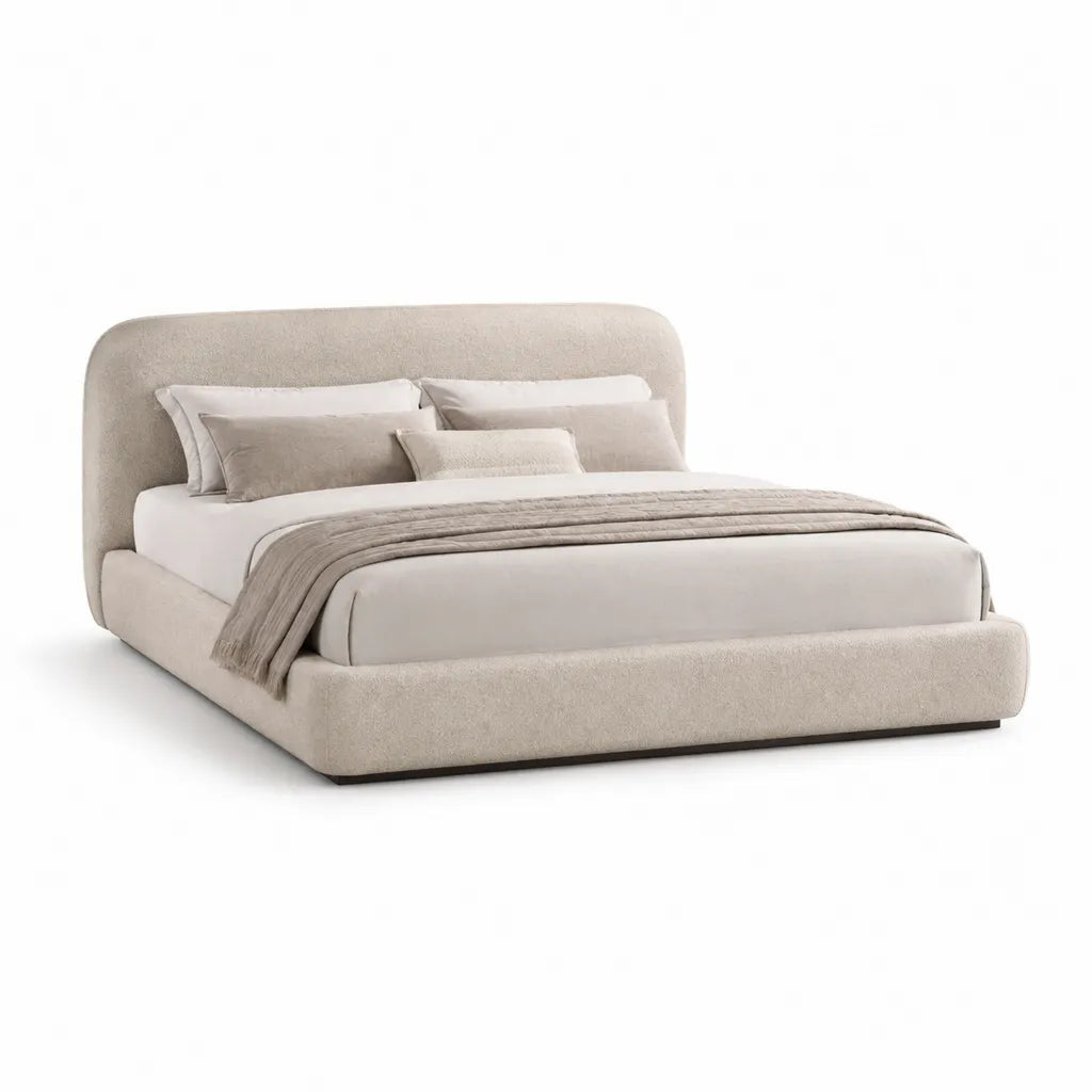 Letto matrimoniale imbottito 180 x 200 cm in poliestere boucle beige con testiera arrotondata