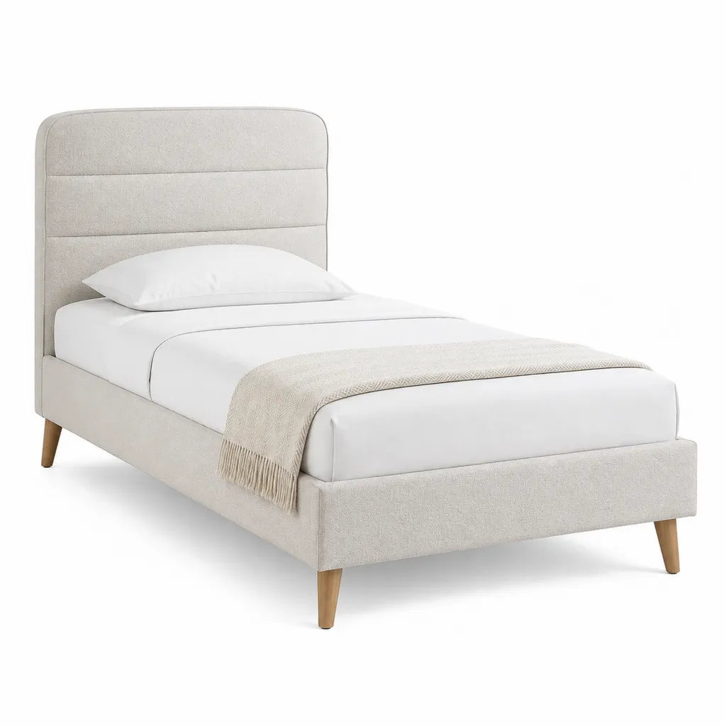 Letto singolo imbottito 90 x 190 cm in poliestere beige con testiera arrotondata e gambe in legno massello