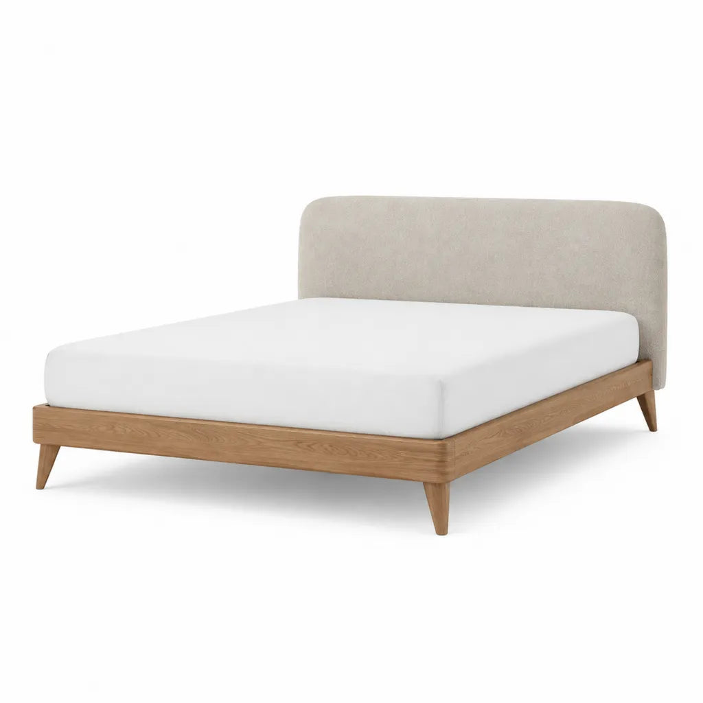 Letto matrimoniale 160 x 200 cm in legno massello di rovere con testiera imbottita beige