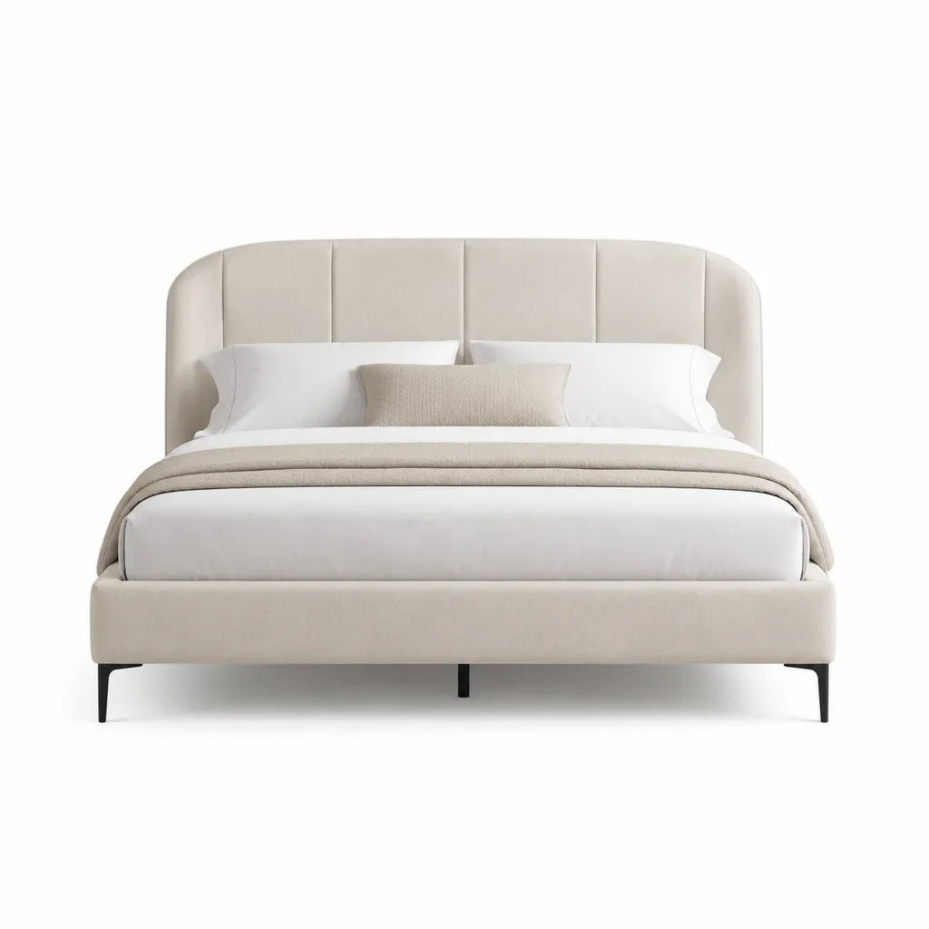 Letto matrimoniale imbottito 160 x 200 cm in poliestere beige con testiera arrotondata
