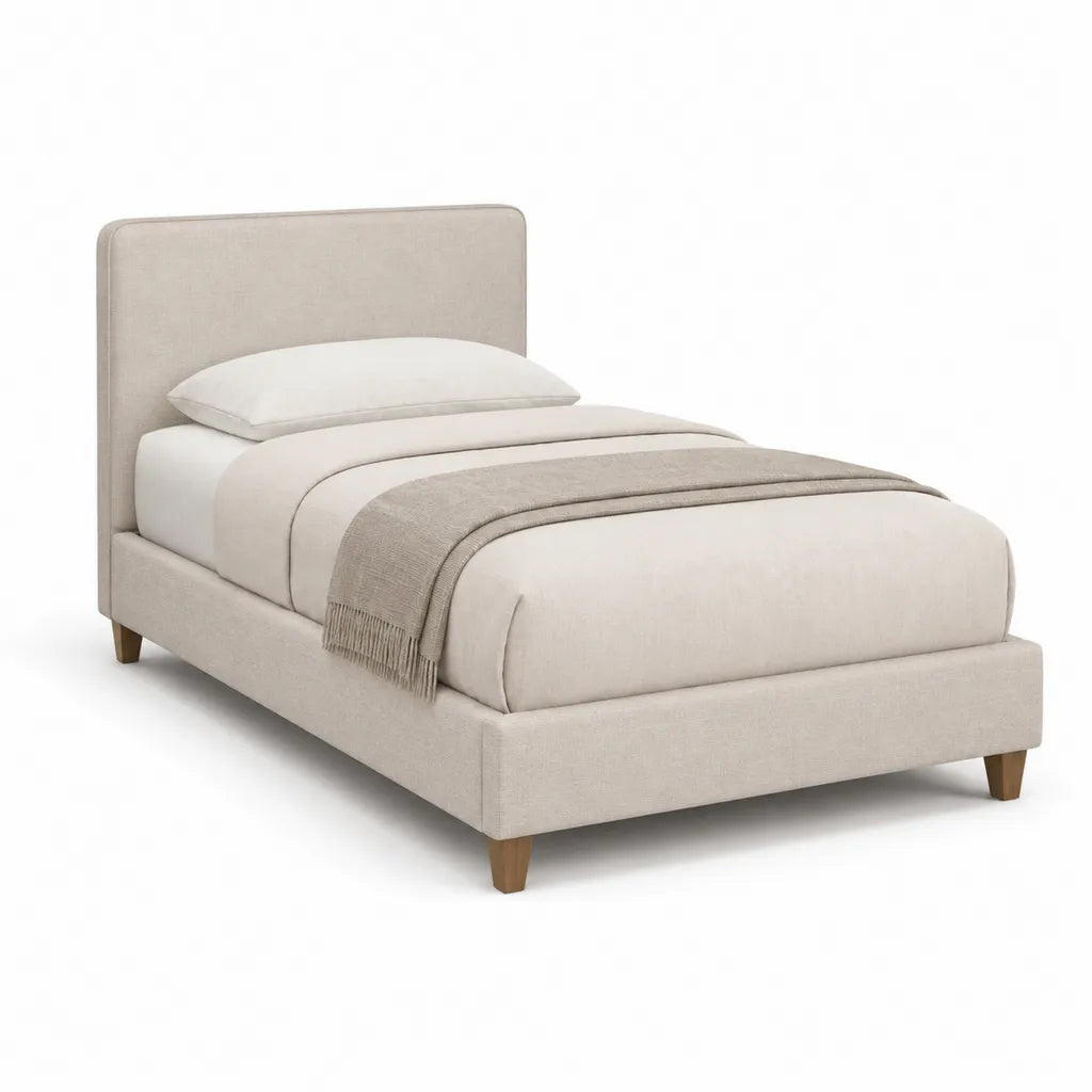 Letto singolo imbottito 90 x 200 cm in poliestere beige con testiera rettangolare e piedini effetto legno