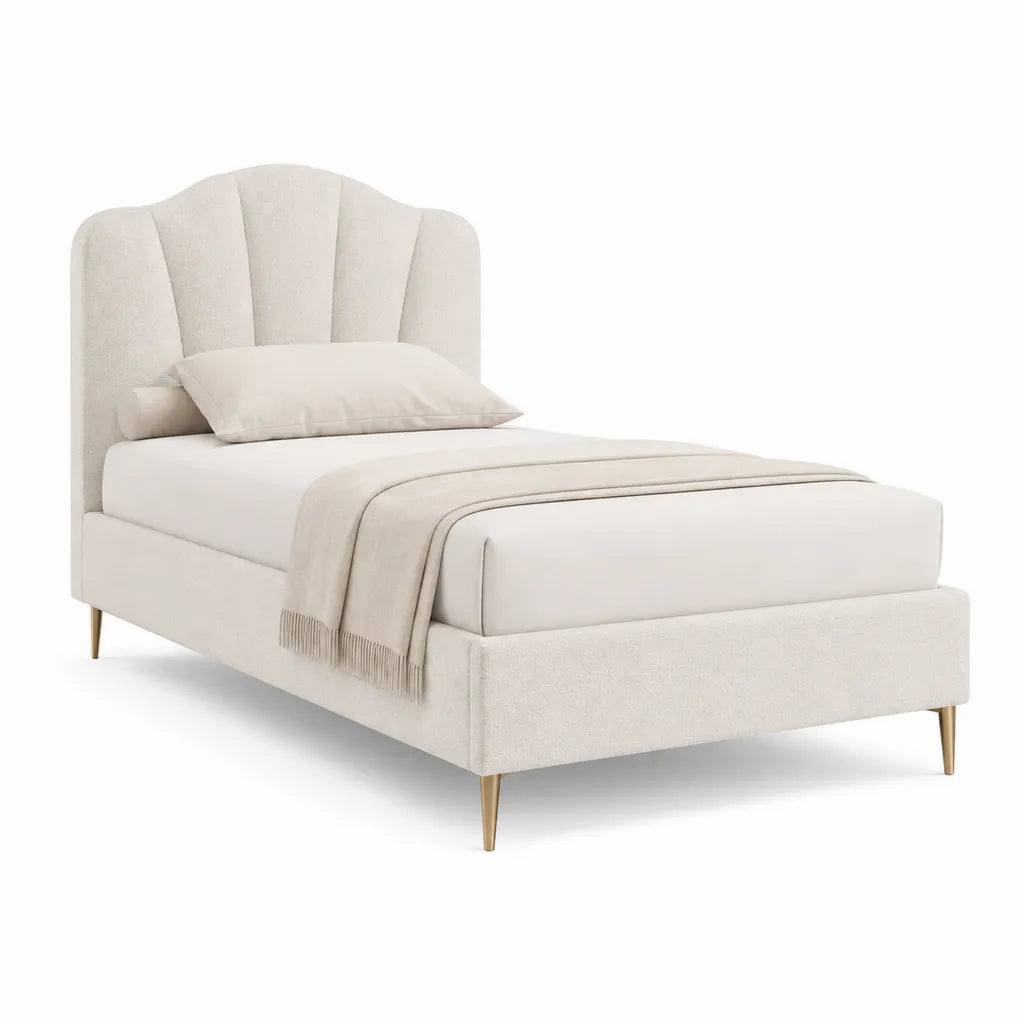 Letto singolo imbottito 90 x 190 cm in poliestere boucle avorio con testiera sagomata