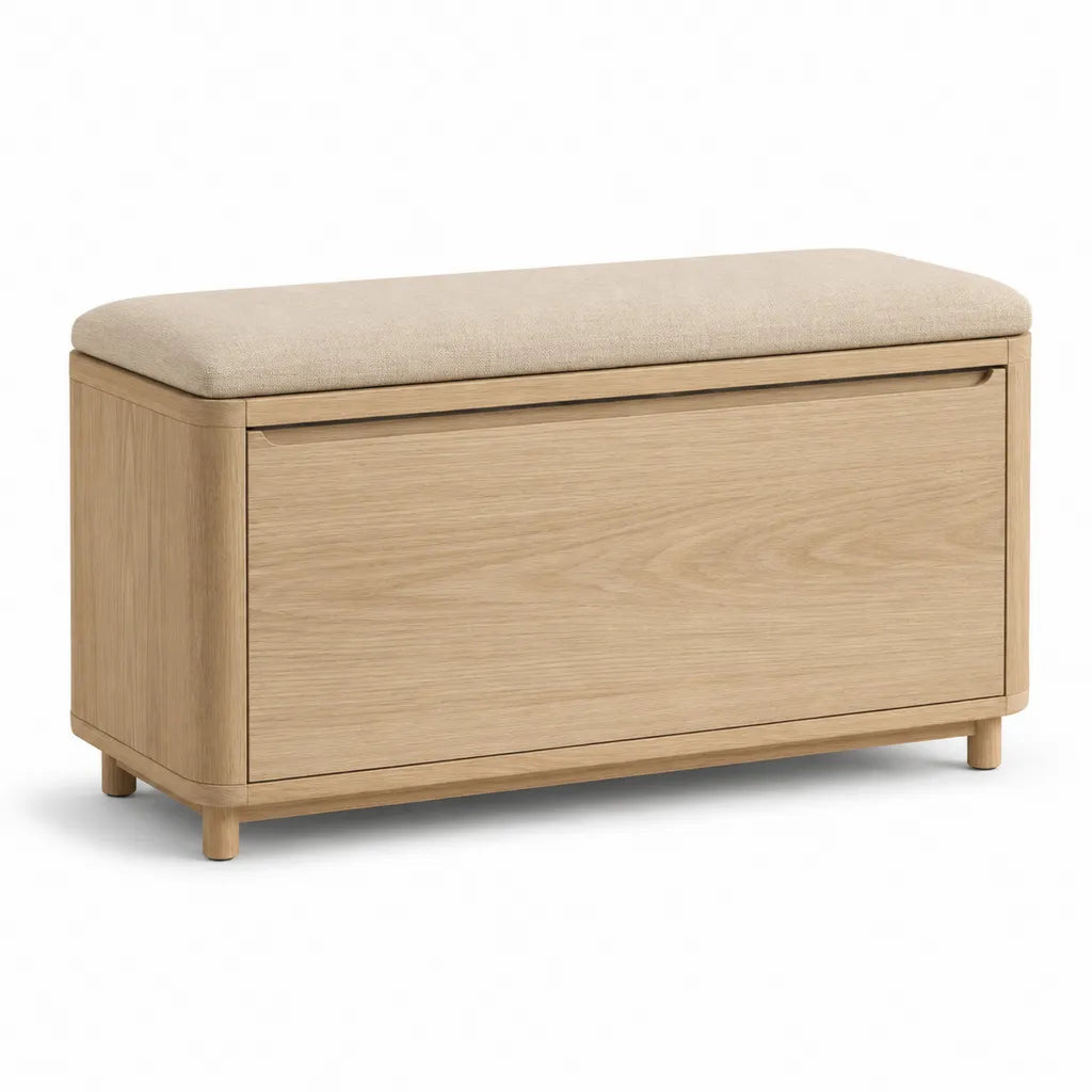 Panca contenitore per camera da letto 100 x 40 x 50 cm in MDF impiallacciato rovere con seduta imbottita beige