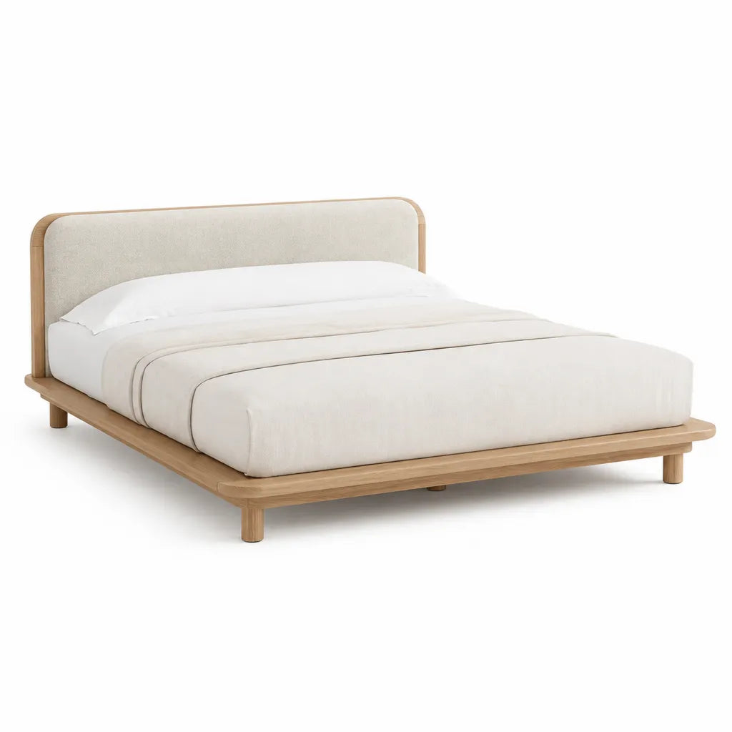 Letto matrimoniale 160 x 200 cm con struttura in legno massello e testata imbottita beige naturale