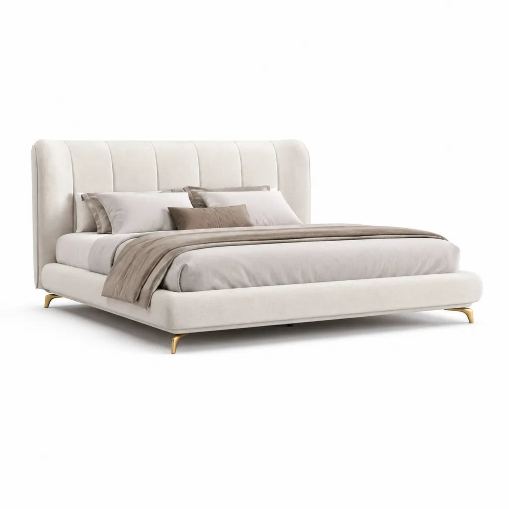 Letto matrimoniale imbottito 160 x 200 cm in velluto di poliestere avorio con testiera alta e piedi dorati