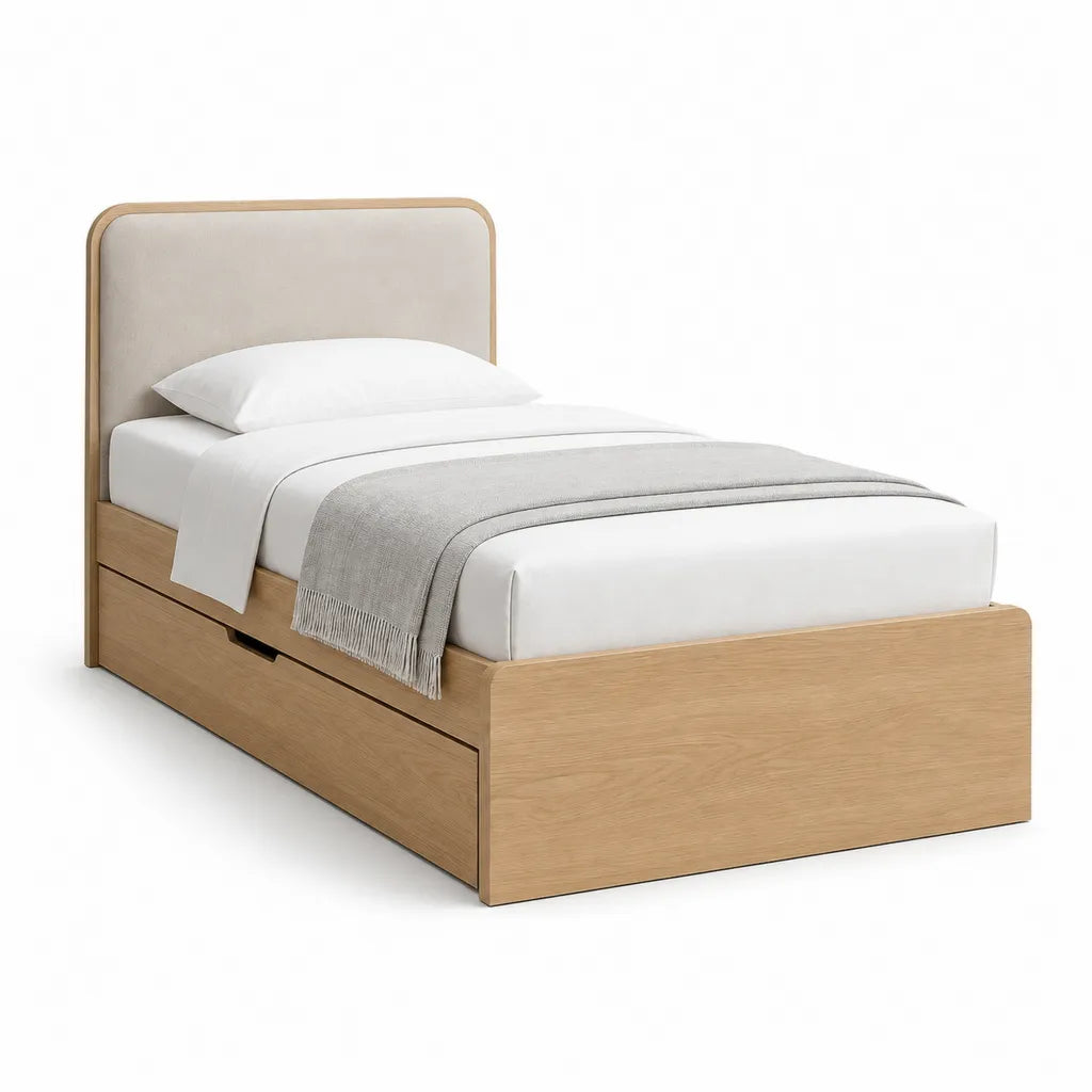 Letto singolo con contenitore 90 x 200 cm in rovere con testiera imbottita beige