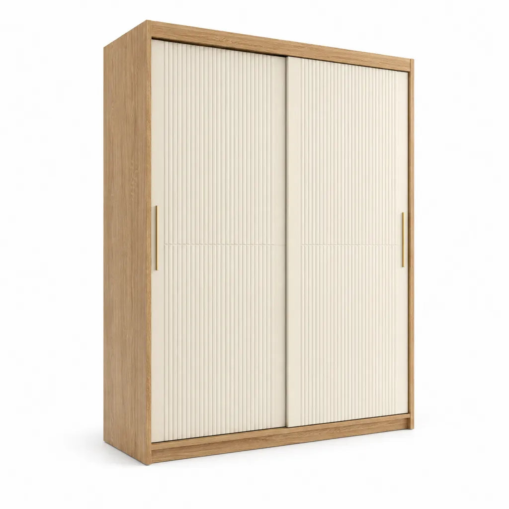 Armadio guardaroba 2 ante scorrevoli 160 x 60 x 220 cm in MDF e pannelli truciolari rovere naturale e avorio