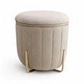 Pouf contenitore rotondo imbottito in poliestere beige con base in acciaio dorato Ø 45 x 50 cm