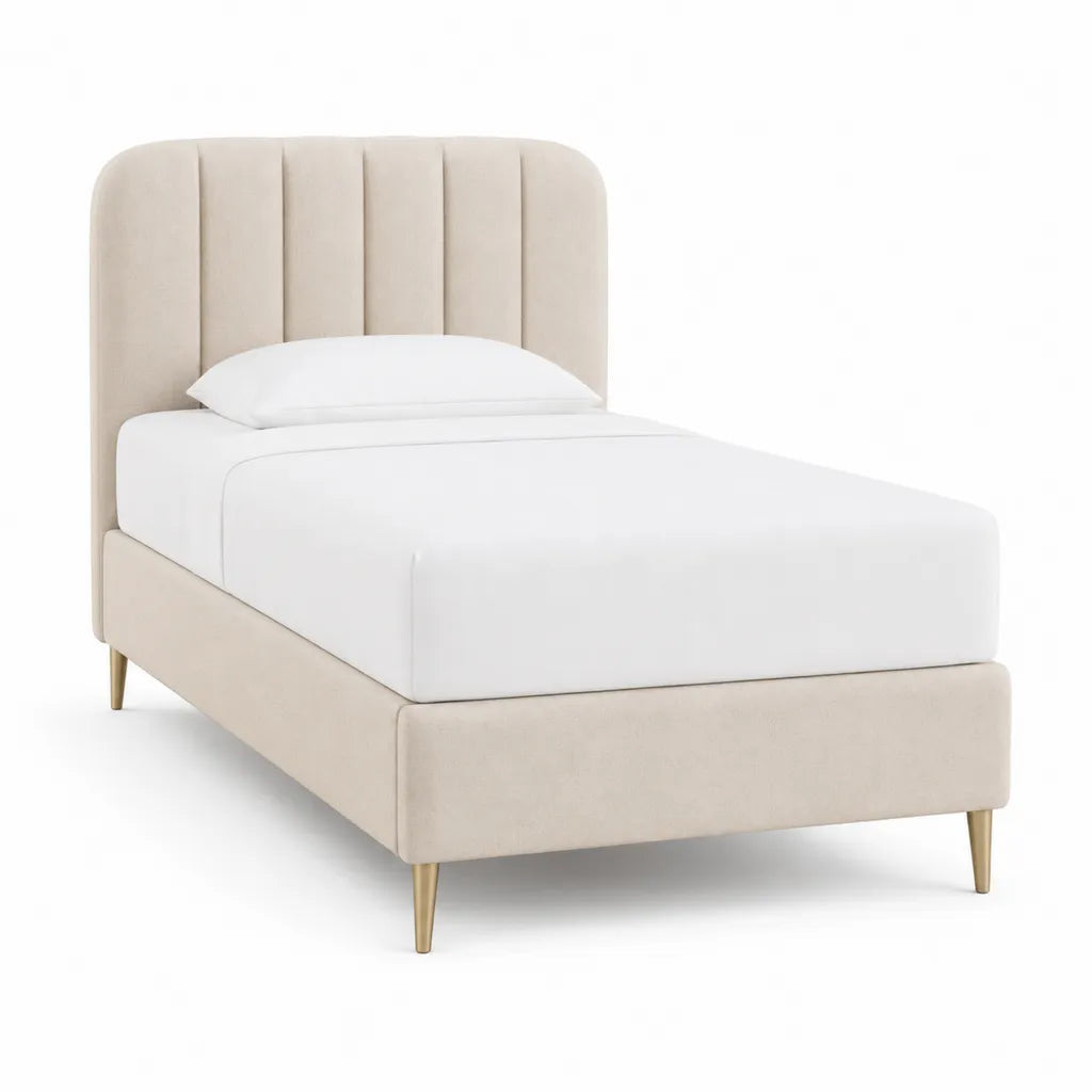 Letto singolo imbottito 90 x 190 cm in poliestere beige con testiera arrotondata e piedini color ottone