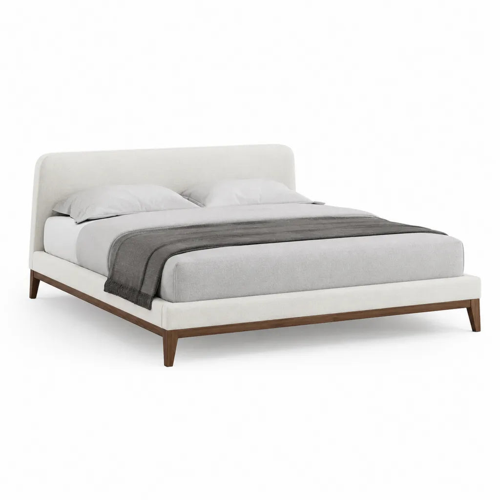 Letto matrimoniale imbottito 160 x 200 cm con testata arrotondata in poliestere avorio e struttura in legno massello color noce