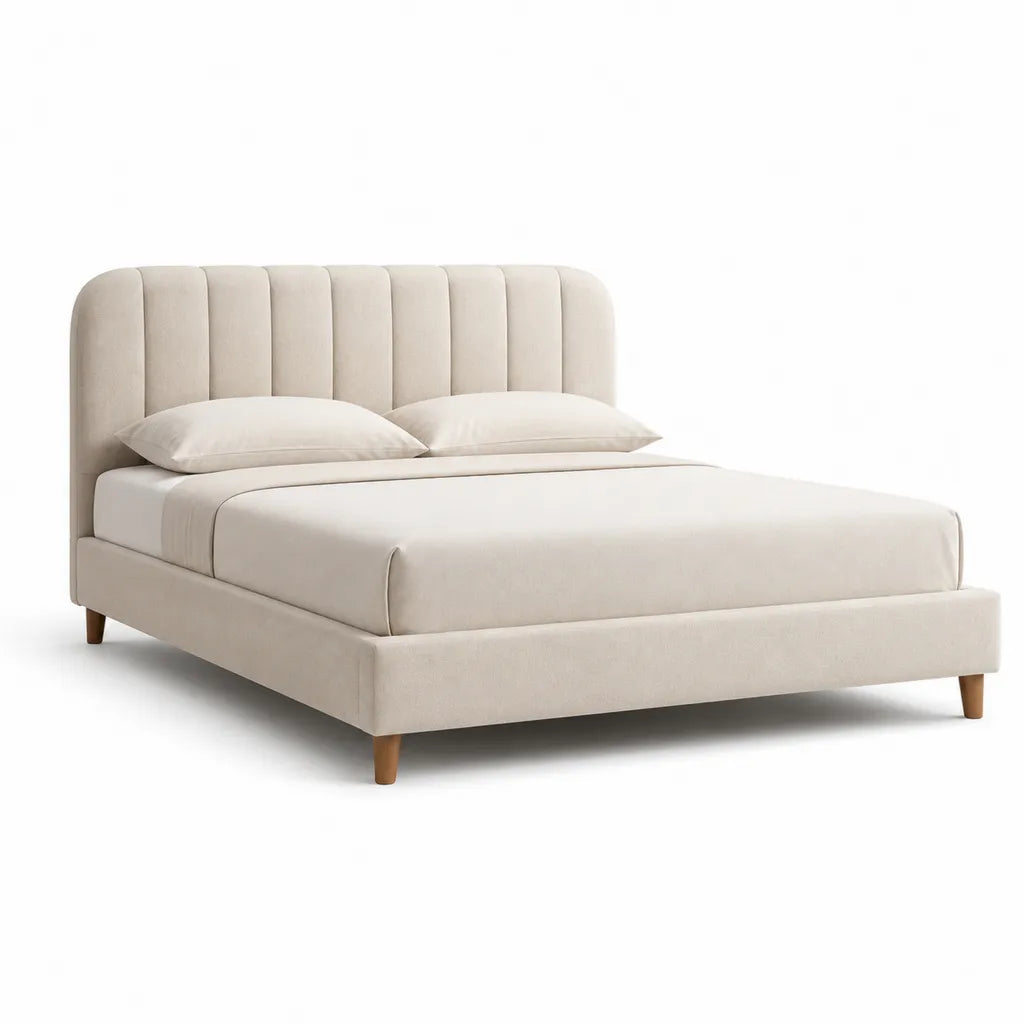 Letto matrimoniale imbottito con testiera a pannelli rivestimento in poliestere rettangolare beige crema 160 x 200 cm