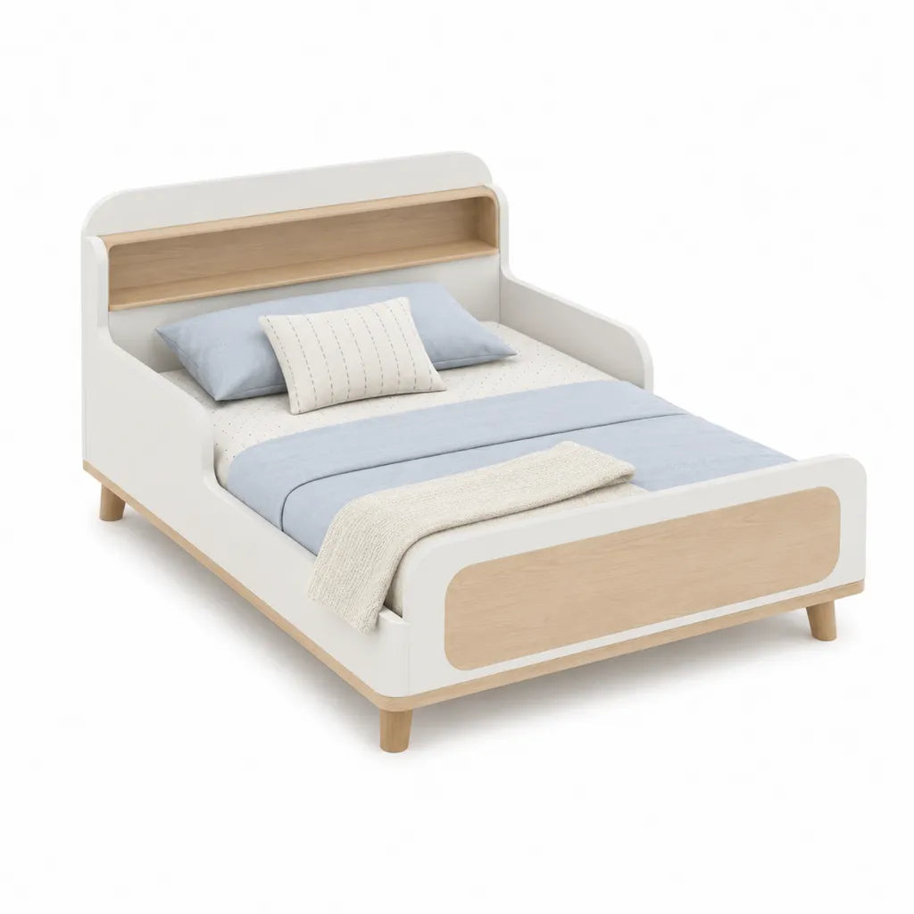Letto singolo per bambini 90 x 200 cm in MDF bianco e rovere con testiera contenitore rettangolare