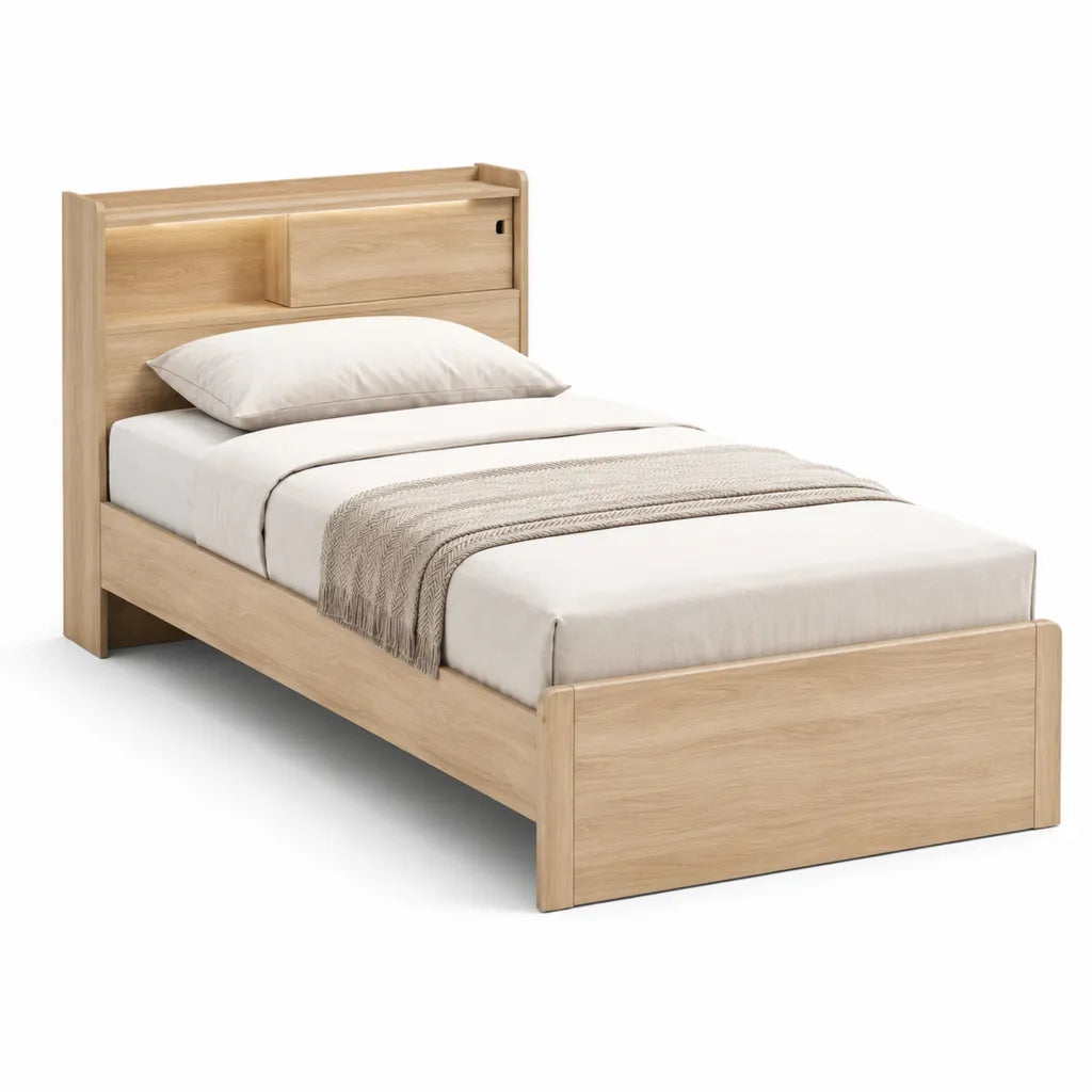 Letto singolo con testiera contenitore in MDF effetto rovere 90 x 190 cm naturale