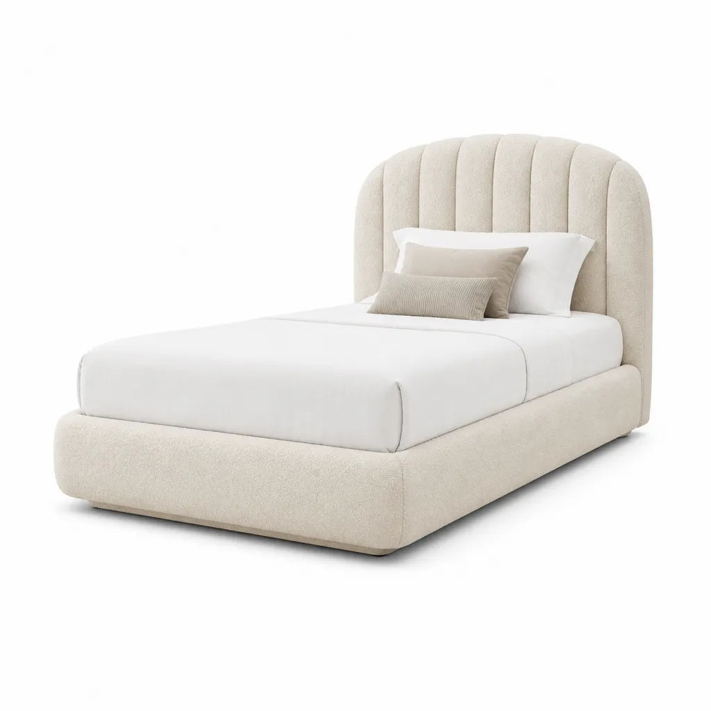 Letto matrimoniale imbottito 160 x 200 cm in poliestere boucle beige con testiera curva