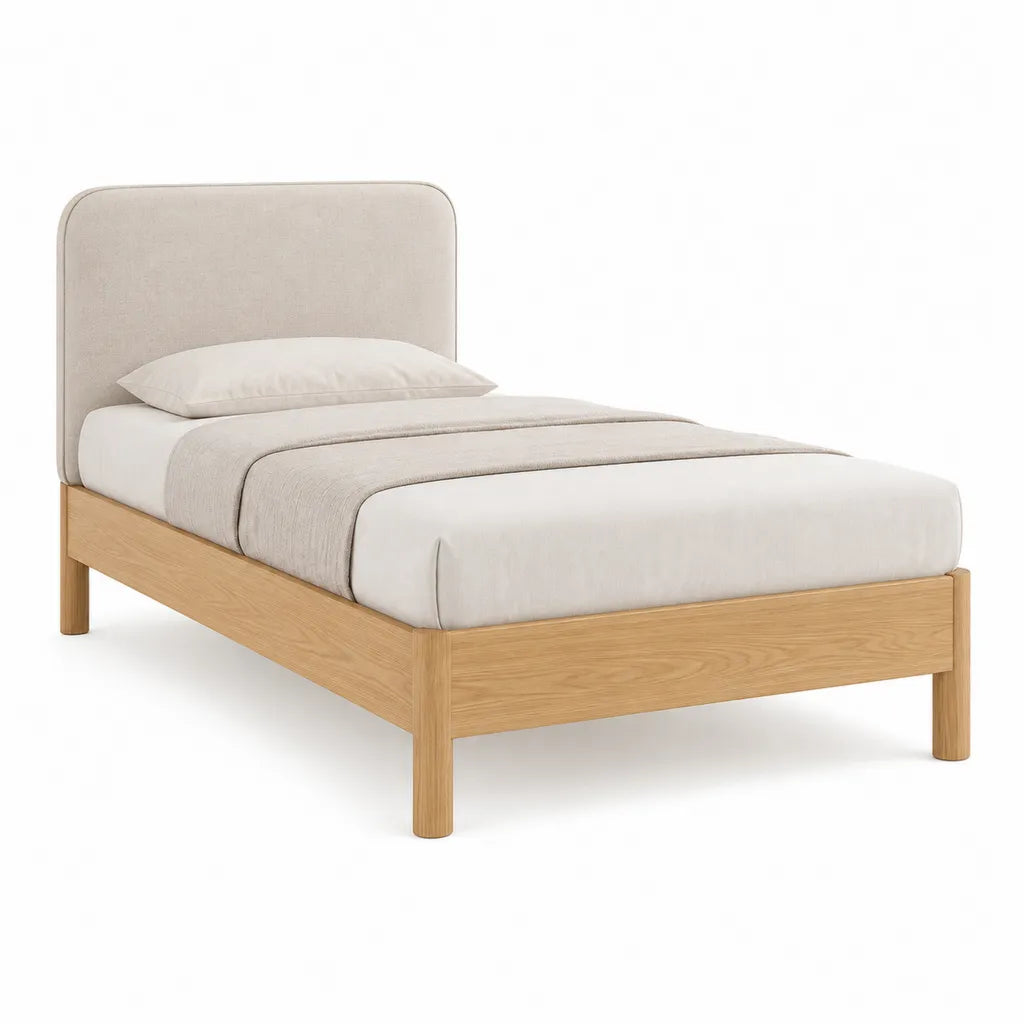 Letto singolo con testiera imbottita 90 x 200 cm in rovere naturale beige