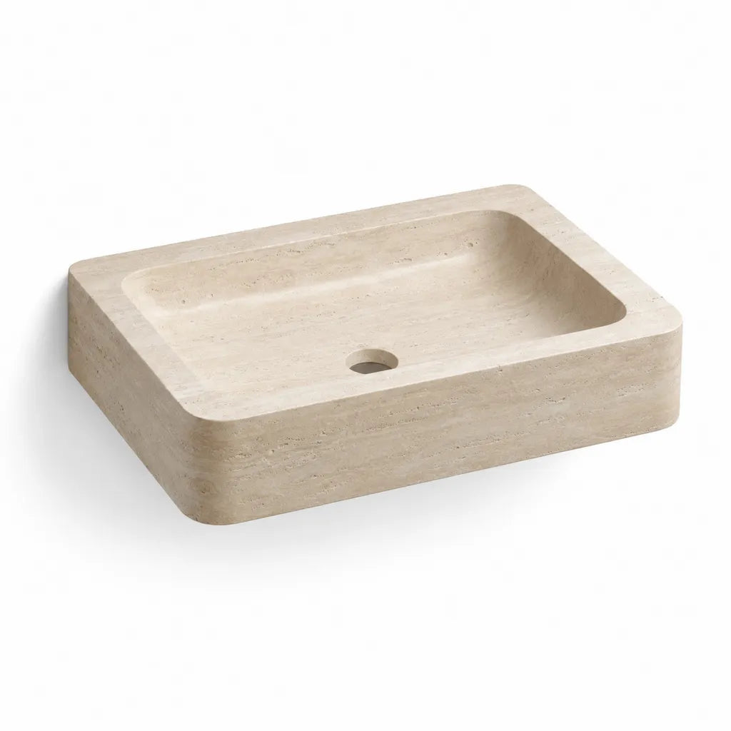 Lavabo da appoggio rettangolare in travertino beige 60 x 40 x 12 cm