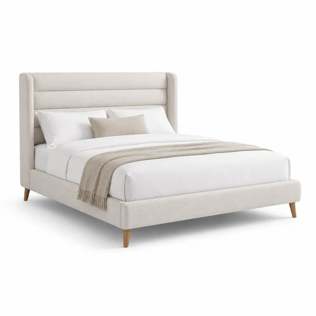 Letto matrimoniale imbottito 160 x 200 cm in poliestere avorio con testiera rettangolare