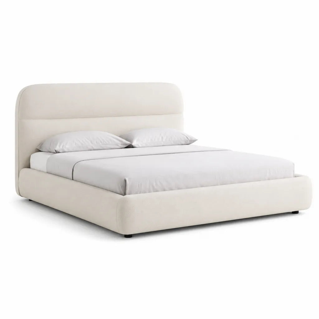 Letto matrimoniale imbottito con testiera arrotondata in poliestere color crema 160 x 200 cm