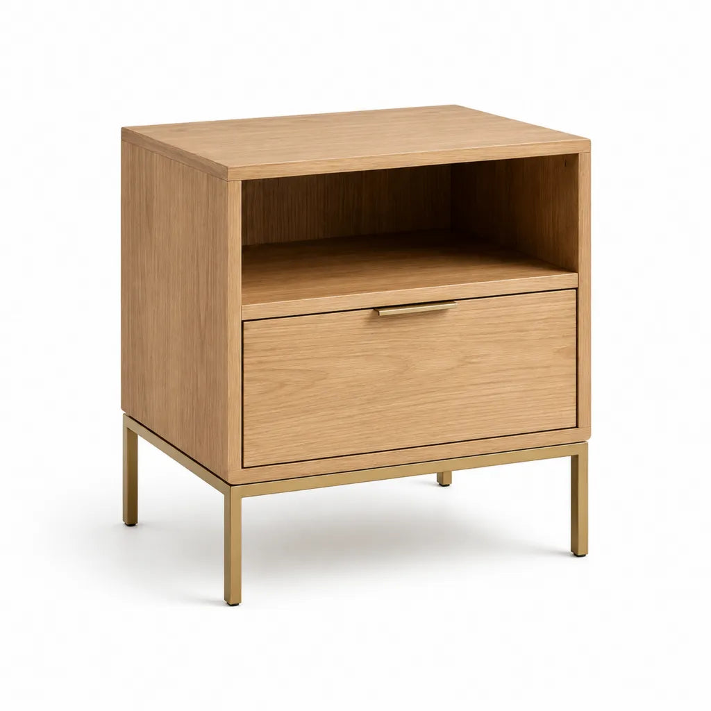 Comodino con cassetto e ripiano in MDF impiallacciato rovere 50 x 40 x 60 cm rettangolare naturale oro