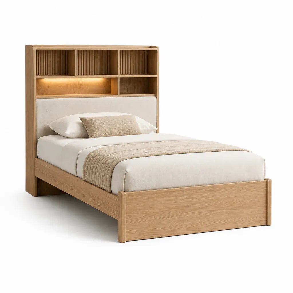 Letto matrimoniale 160x200 cm in rovere chiaro con testiera imbottita libreria integrata e luce LED