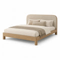 Letto matrimoniale 160 x 200 cm con testiera imbottita arrotondata in poliestere beige e struttura effetto rovere