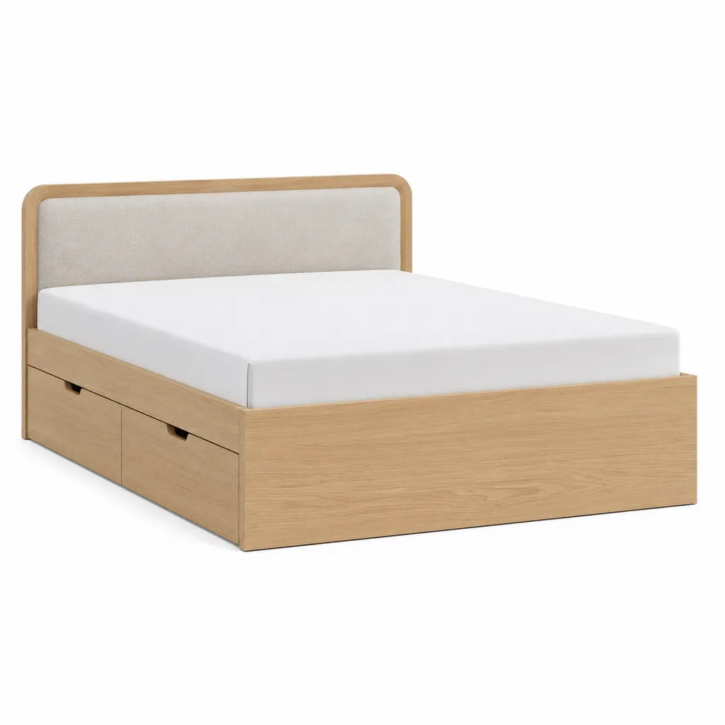 Letto matrimoniale con 2 cassetti in rovere massello e poliestere beige 160 x 200 cm